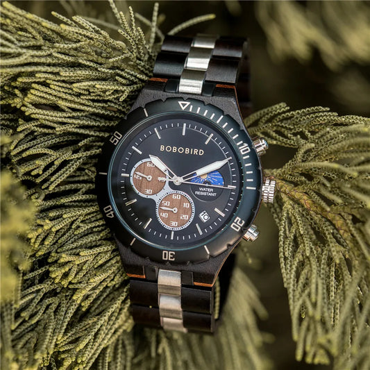 BOBO BIRD Men's Watches Wood & Stainless Steel Combined Wristwatch Chronograph Auto-Date Clock With Gift Box L'Heure du sud